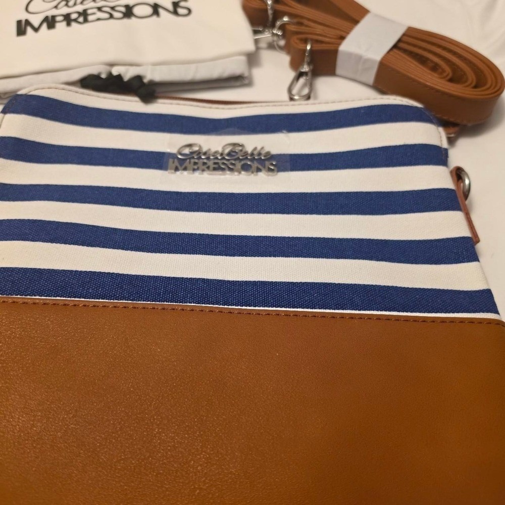 CoseBelle Impressions Blue White Striped Canvas Crossbody Bag Tan Vegan Leather - Picture 3 of 11